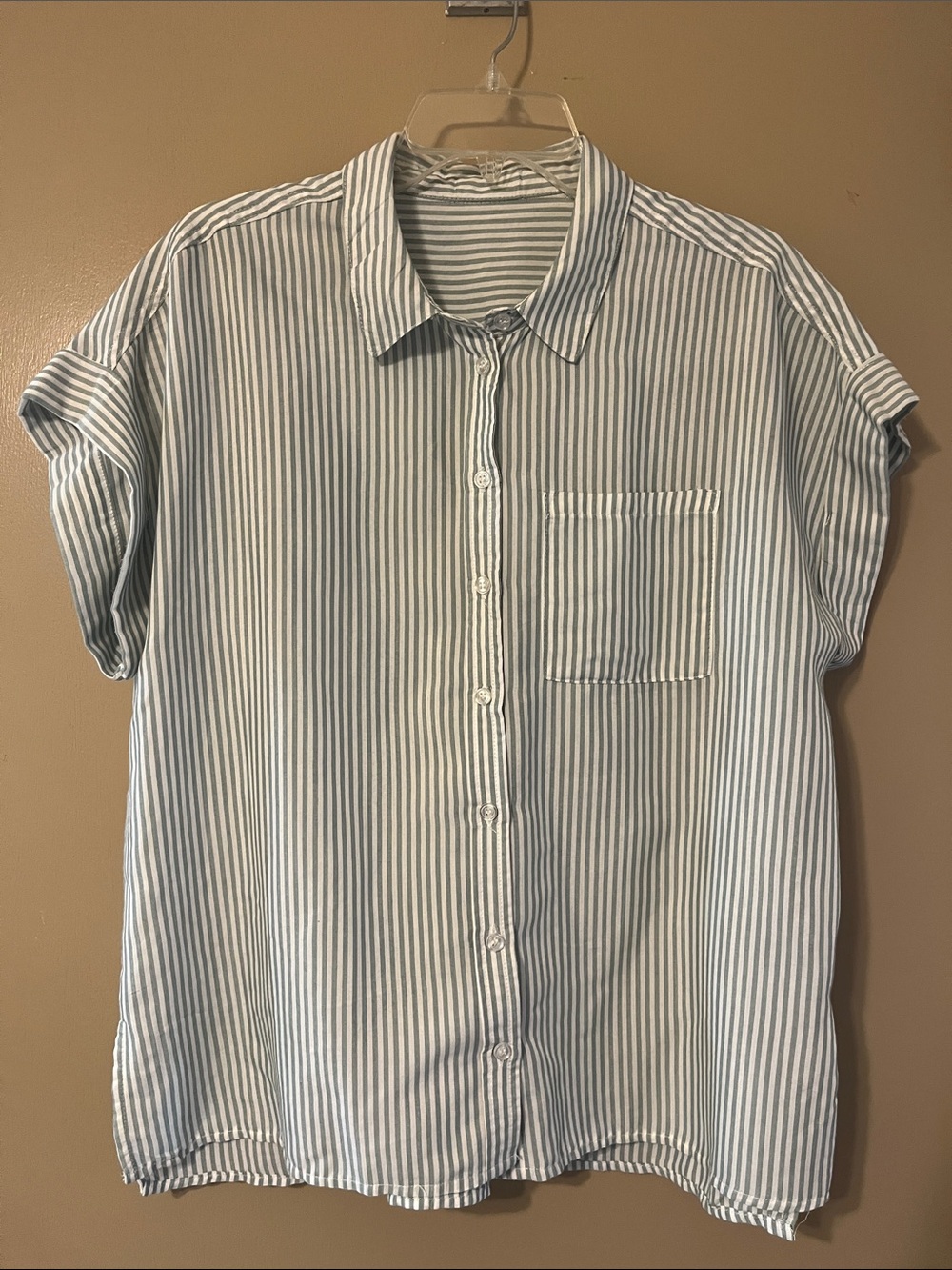 Women’s Green and White Striped Short Sleeve Button-Down Shirt